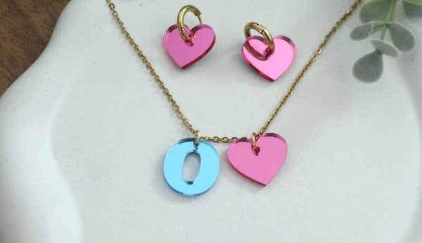 Custom Initial Necklace & Heart Earrings Set • Pink Acrylic • Kids & Teens Gift
