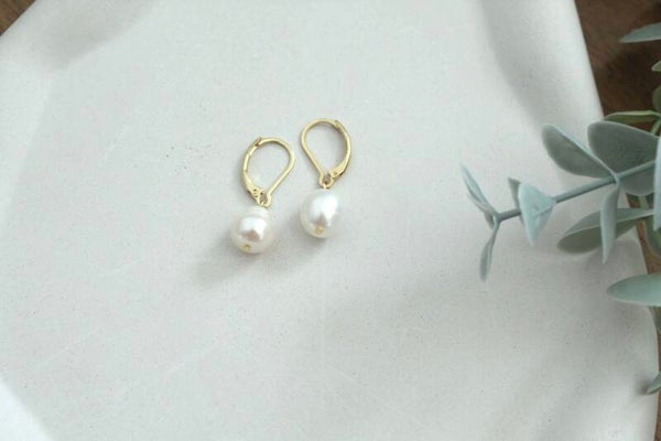 Freshwater Pearl Drop Earrings • Minimal Gold Dangle Earrings