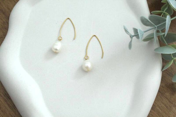 Freshwater Pearl Drop Earrings • Minimal Gold Dangle Earrings