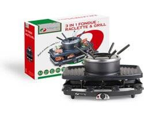 Magnani - 3-in-1 Gourmet- Fondue- en Raclettegrill - RVS - Anti-aanbak - 40 X 28 X 26 cm - 1100 W