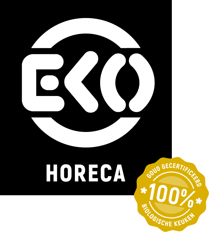 Logo van EKO Keurmerk voor Horeca met 100% gouden badge
