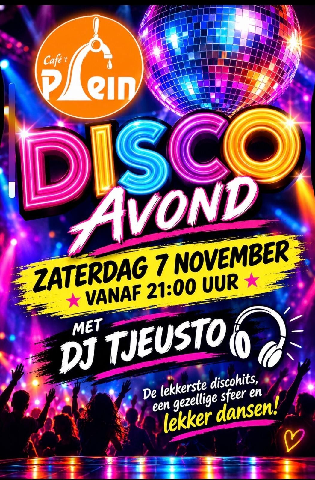 Café 't Plein Benschop Disco avond met DJ Tjeusto zaterdag 7-11-2026