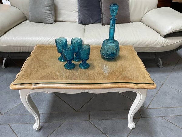 Céleste : Table basse ancienne en chêne et marqueterie relookée