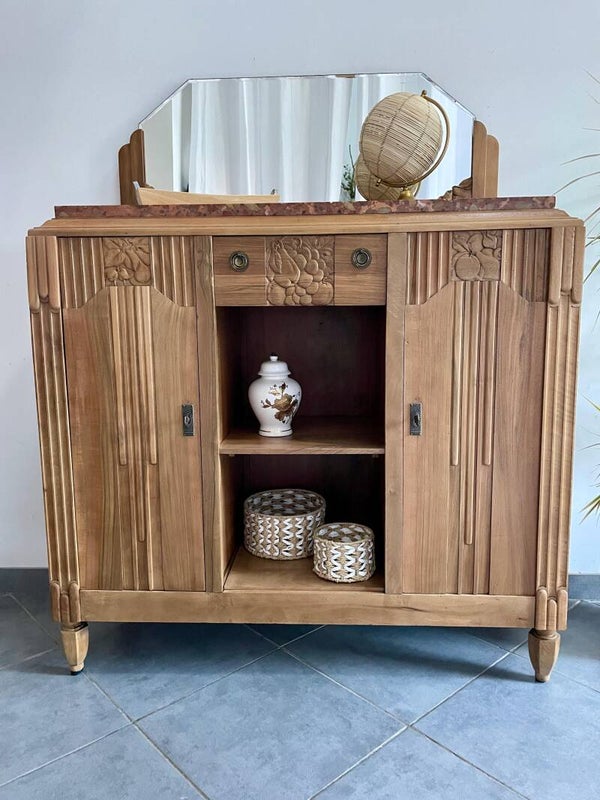 Augustin : Buffet ancien Art Déco noyer massif, marbre & miroir