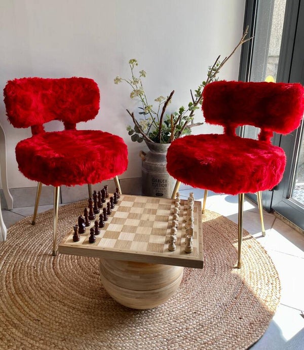 Paire de fauteuils sixties en moumoute rouge