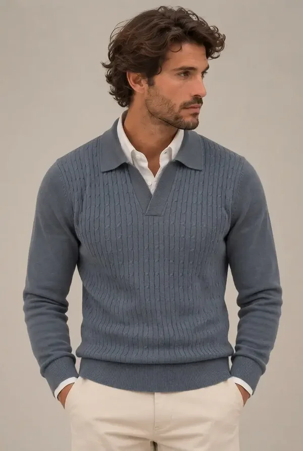Polo uomo in maglia blu polvere a maniche lunghe