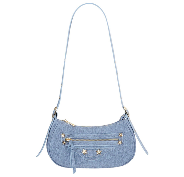 Denim look handtas met sterretjes blauw
