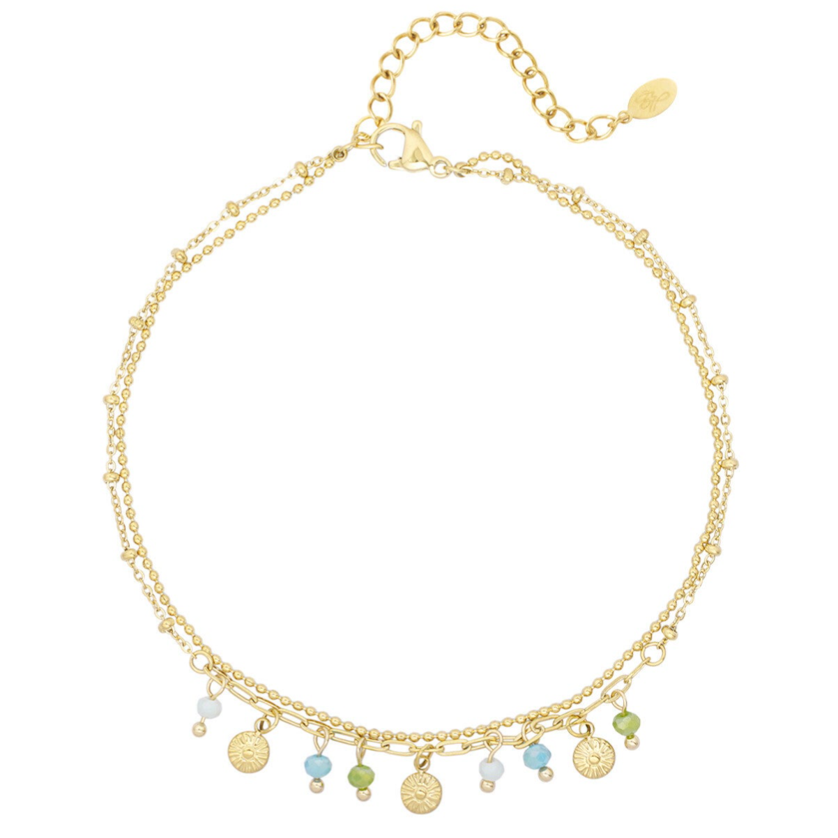 Enkelbandje met muntjes en kralen - blauw / groen