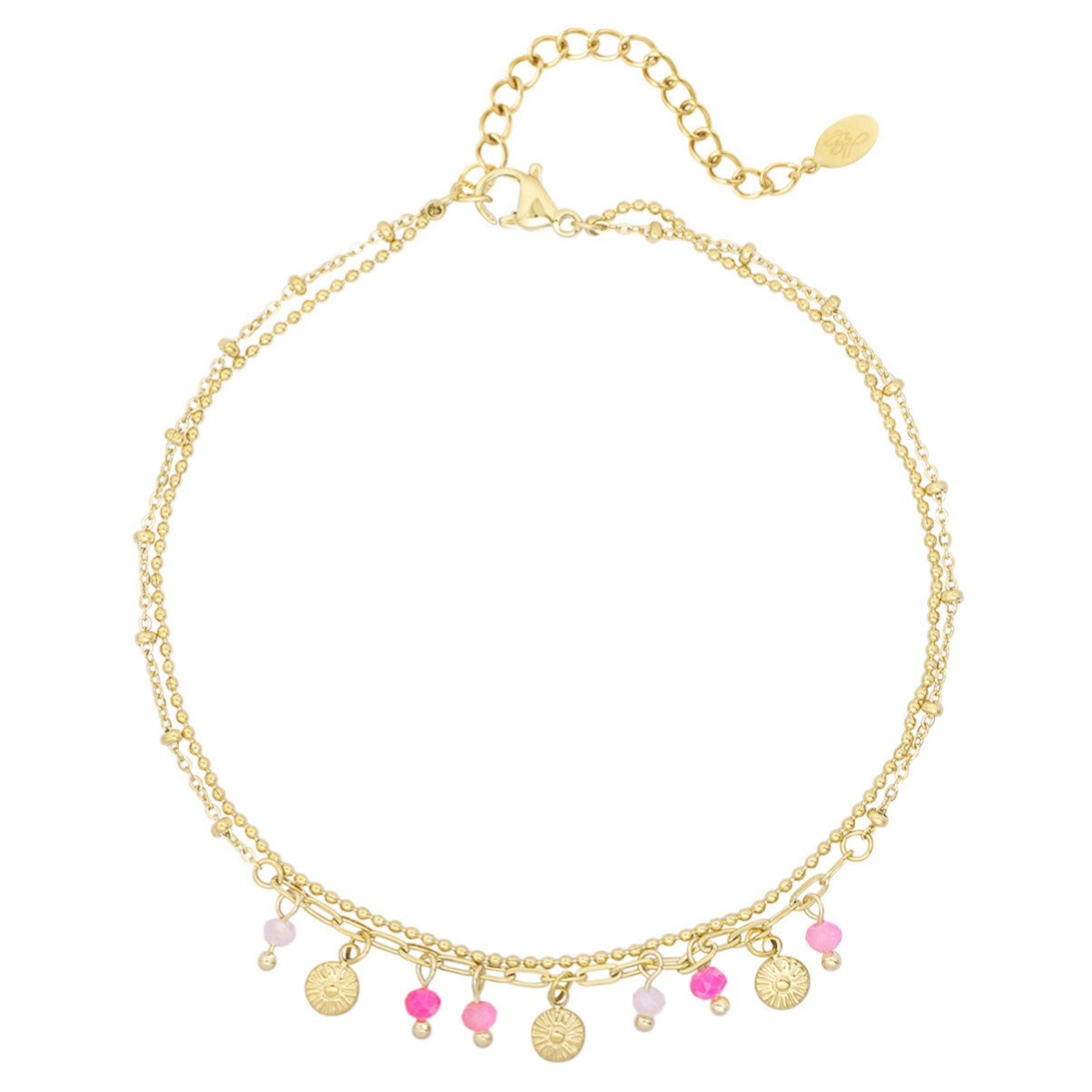 Enkelbandje met muntjes en kralen - roze / goud