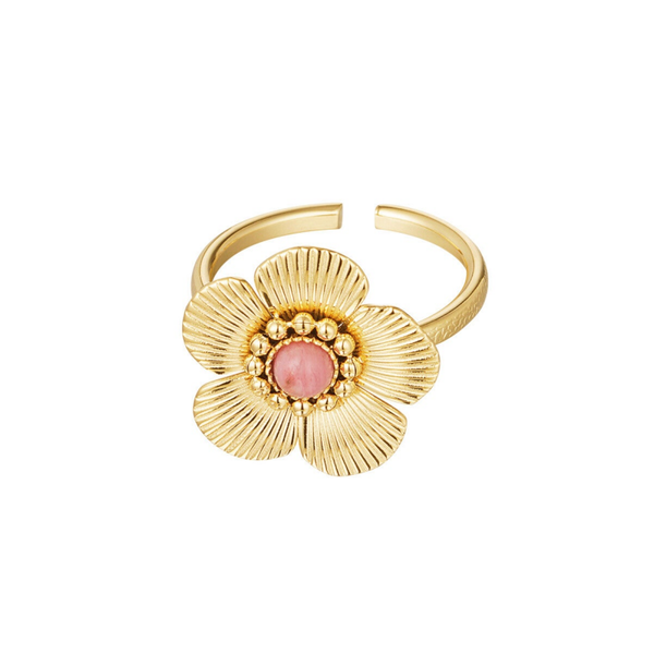 Bloem ring met roze steentje