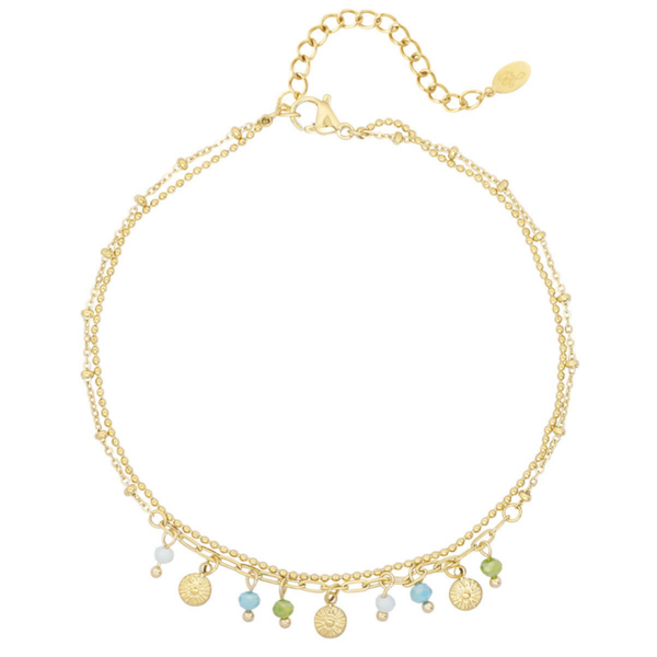 Enkelbandje met muntjes en kralen - blauw / groen