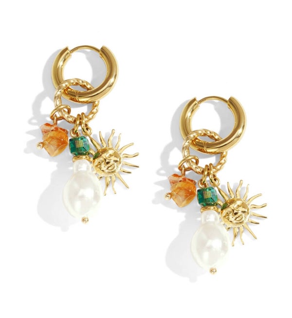 Hanger oorbellen met zon en parel goud