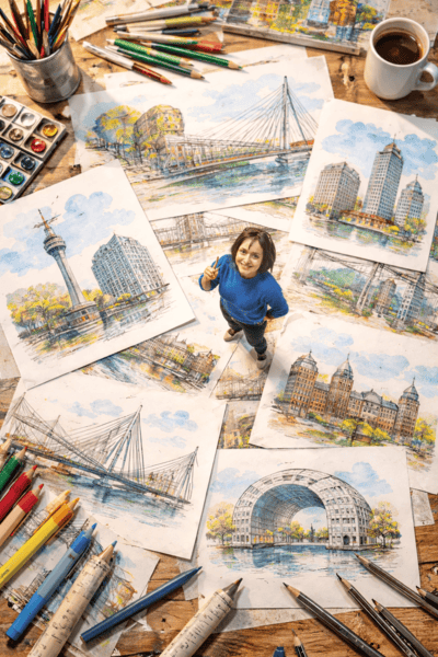Initial art sketches and storyboard compositions by Erika Stanley, showing the structural development of an artwork during the Blueprint stage.