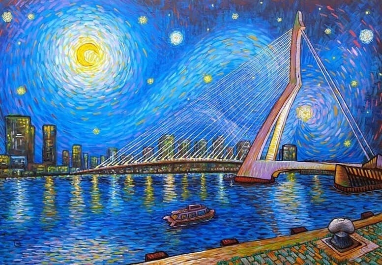 Erasmus bridge original paintng Vzn Gogh style bynErika Stanley