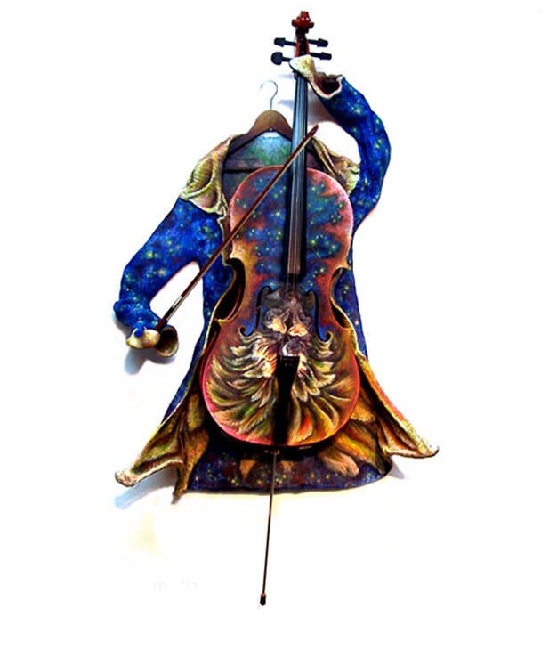Original assamble, interactive scupture Cello by Erika Stanley celebrating music and moviment