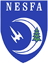 Shield shaped logo of the New England Science Fiction Association. It features a crescent moon, space shuttle, and evergreen tree.
