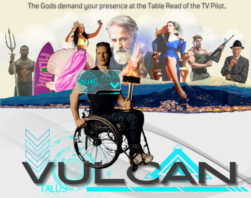 Man in wheelchair wields a flaming hammer, tech screen is projected before him, in the background myriad modern-day gods are featured, Mt. Etna is seen in the background.
