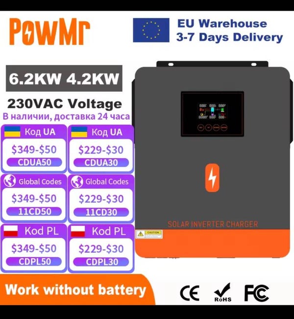 PowMr 6.2KW  Inverter solare ibrido sulla rete Inverter a onda sinusoidale pura 24V 48V 230V Doppia uscita con caricatore solare MPPT 120A