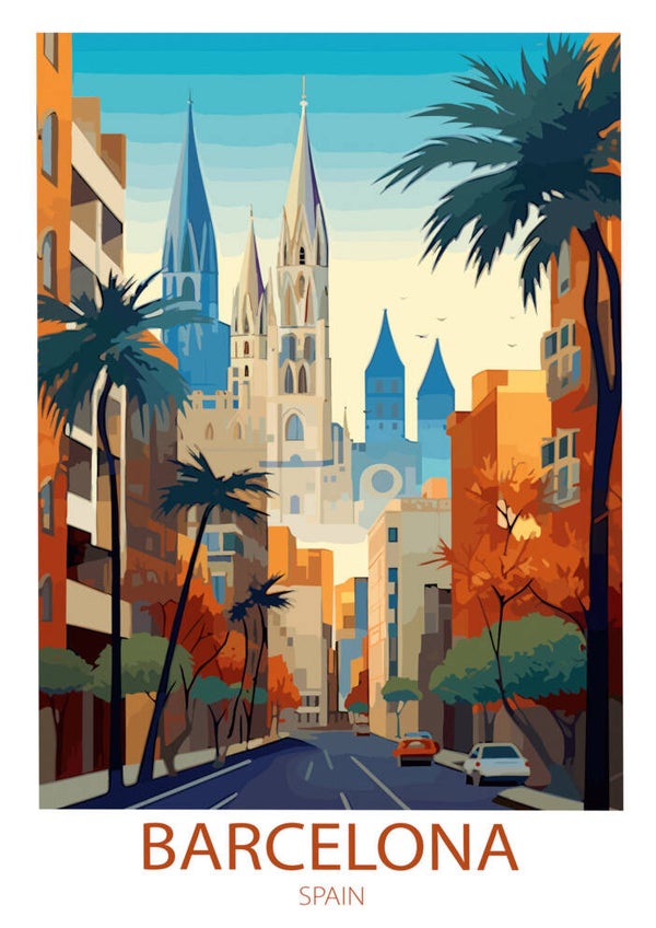 Barcelona Spain Travel Poster – Sagrada Família Vintage Wall Art