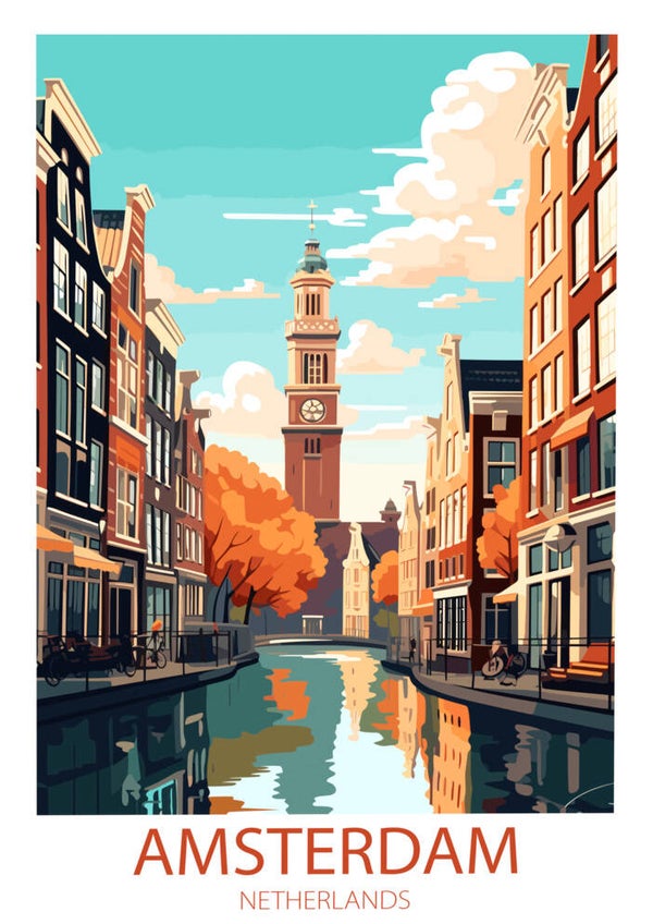 Amsterdam Netherlands Travel Poster – Canal City Vintage Wall Art