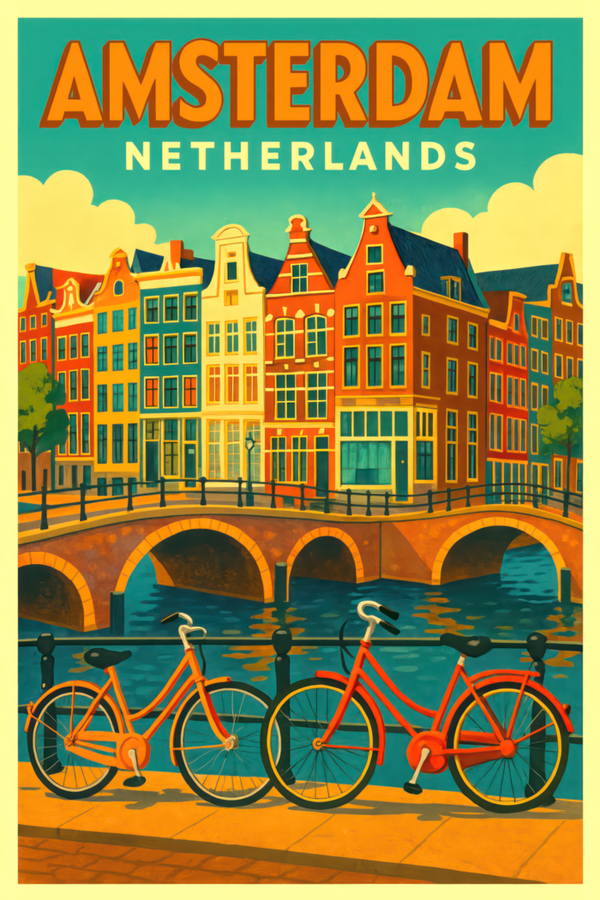Amsterdam Netherlands Poster – Canal Houses & Bicycles Travel Wall Art