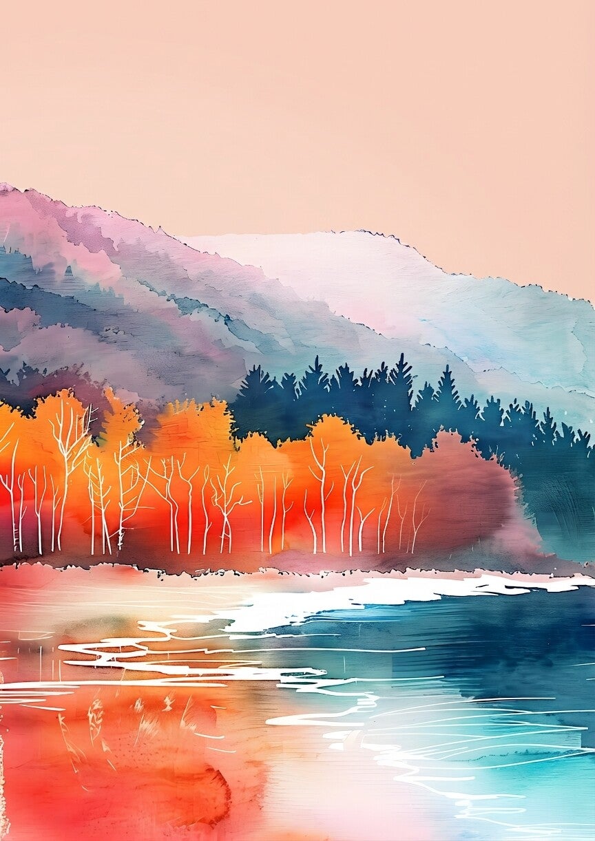 Autumn Mountain Lake Poster – Watercolour Nature Wall Art