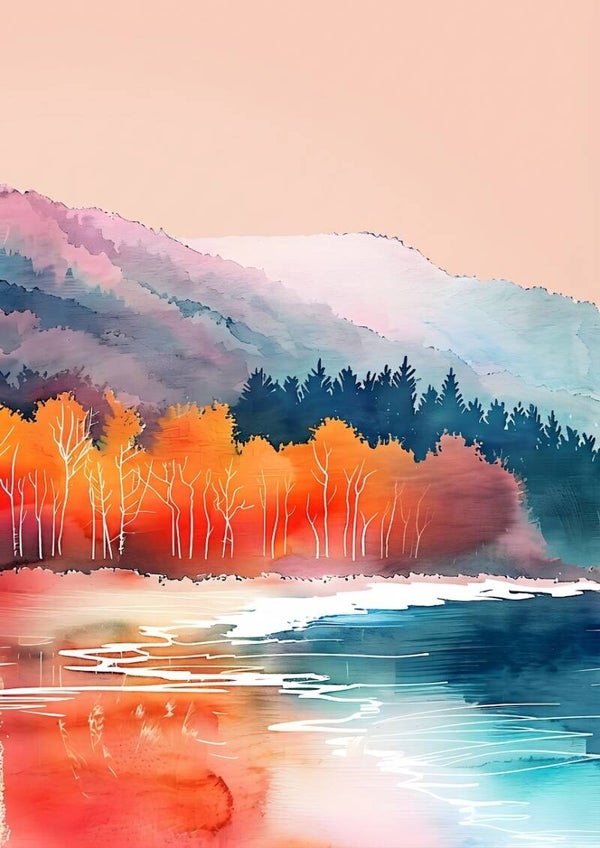 Autumn Mountain Lake Poster – Watercolour Nature Wall Art