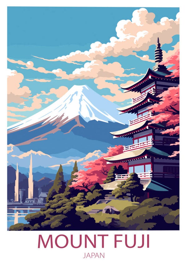 Mount Fuji Japan Travel Poster – Cherry Blossom & Pagoda Wall Art