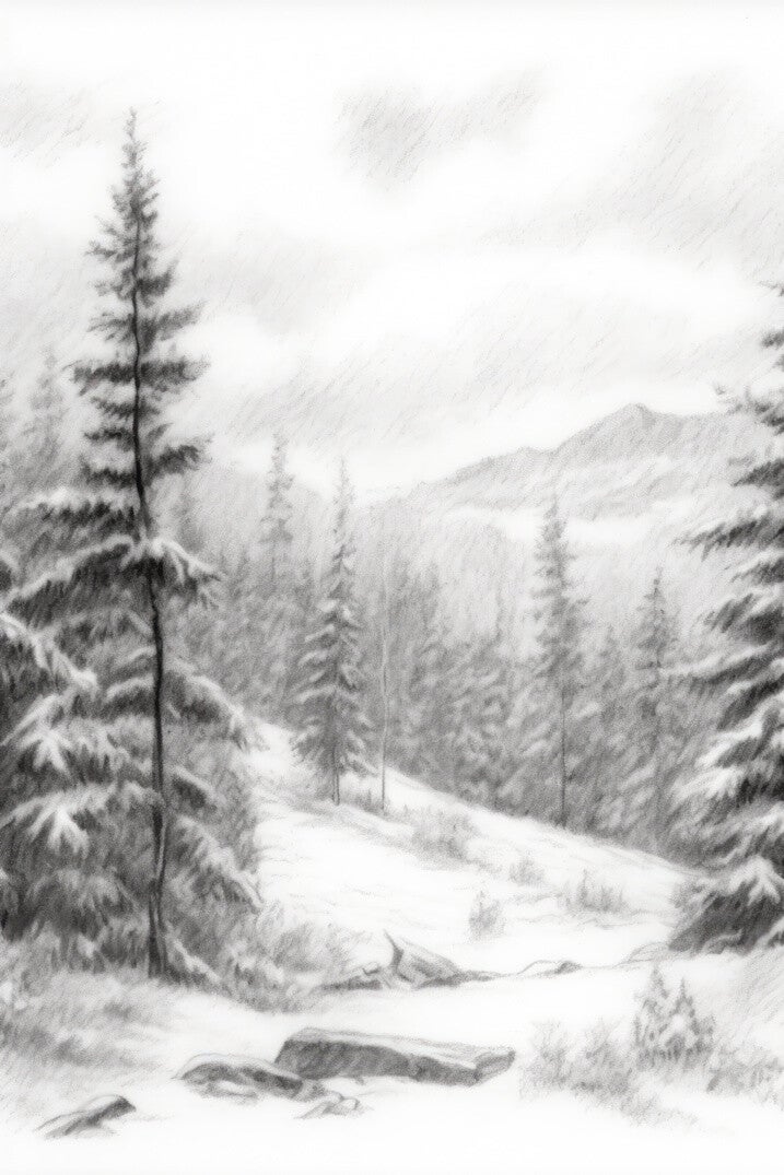 Silent Winter Forest Poster – Minimalist Pencil Landscape Wall Art