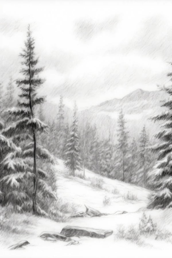 Silent Winter Forest Poster – Minimalist Pencil Landscape Wall Art