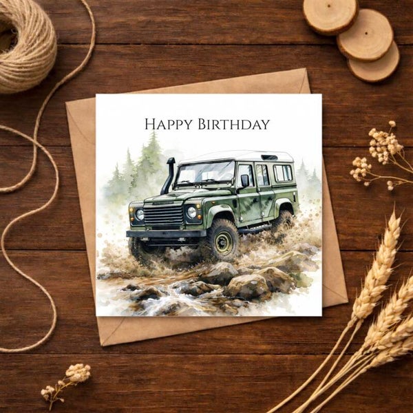 Green Land Rover Inspired Birthday Card