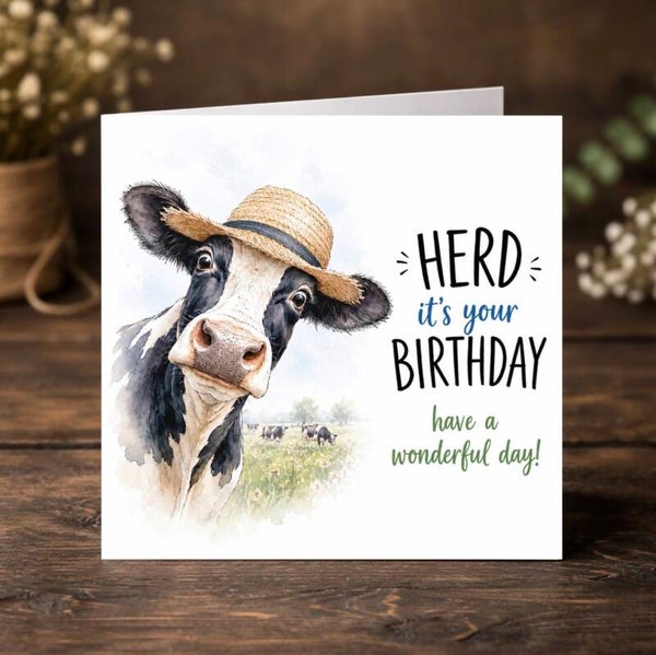 ‘Herd it’s you Birthday’ Straw Hat Cow Card
