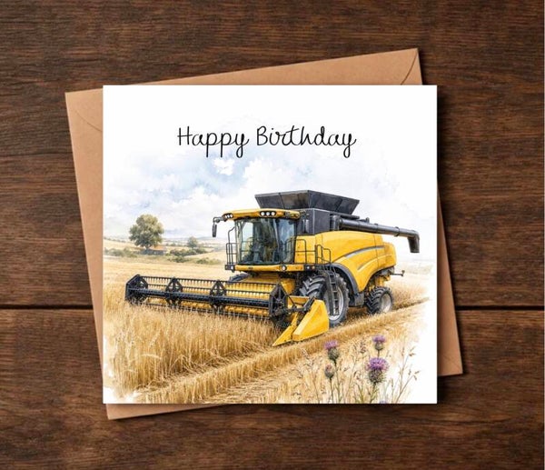 Harvest Time Yellow Combine Birthday Card