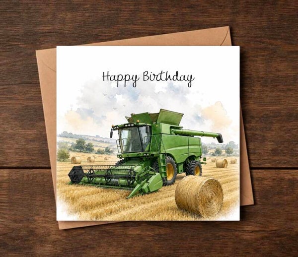 Harvest Time Green Combine Birthday Card