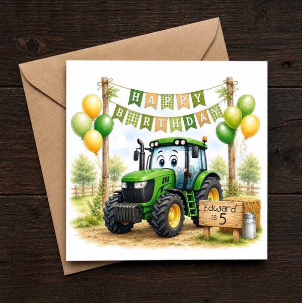 Green Tractor Yellow Personalised Birthday Card