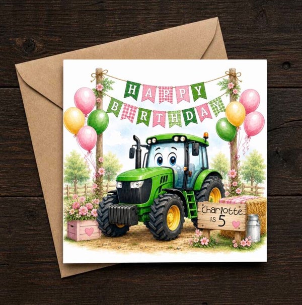 Green Tractor Pink Personalised Birthday Card