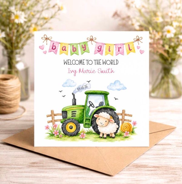 New Baby Girl, Green Tractor Card