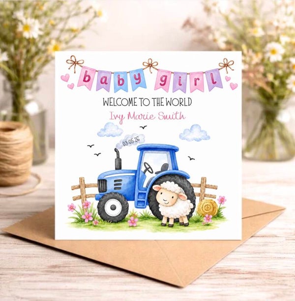 New Baby Girl, Blue Tractor Card
