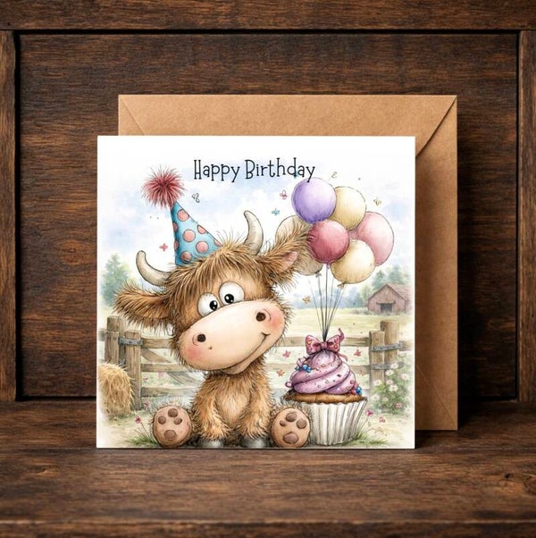 Highland Cow Cupcake Birthday Card