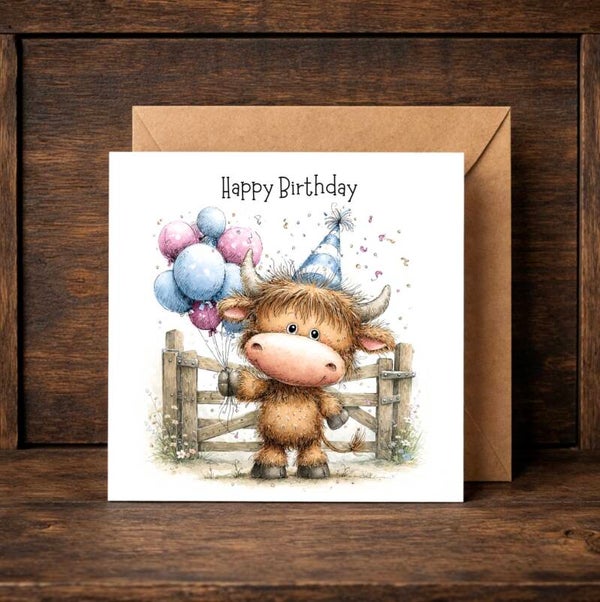 Highland Cow Party Birthday Card (pink&blue)