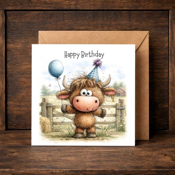Highland Cow Party Birthday Card (blue)
