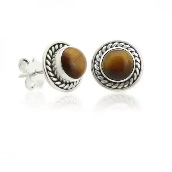 Oorbellen knop Tijgeroog zilver