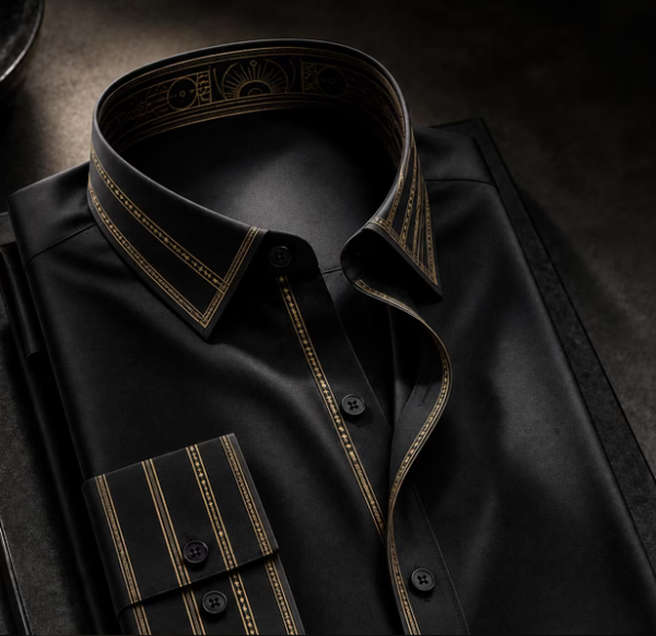M18M8K6G1V6 Herenoverhemd met Lange Mouwen – Zwart met Gouden Luxe Afwerking – Maat S t/m XXXL