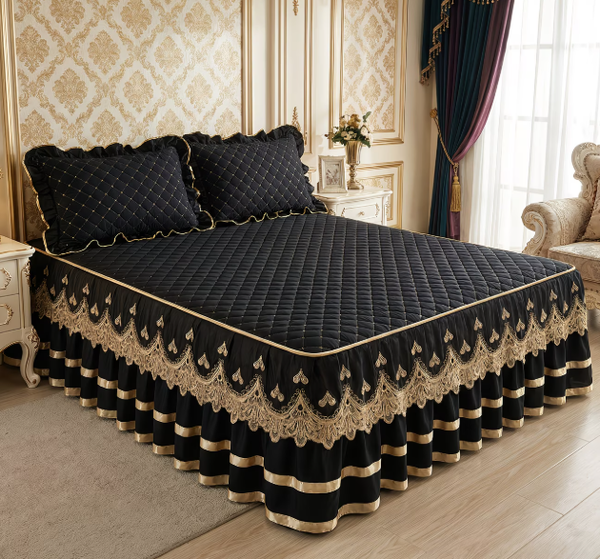 M77M7G5V3XW Effen Zwarte Bedrok met Kanten Afwerking – Gewatteerd & Extra Comfortabel – Maat 200 cm x 220 cm