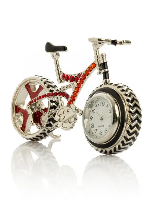 MBY2326 Fabergé Fietsklok met Rode Kristallen – Miniatuur Geëmailleerd Sieradendoosje