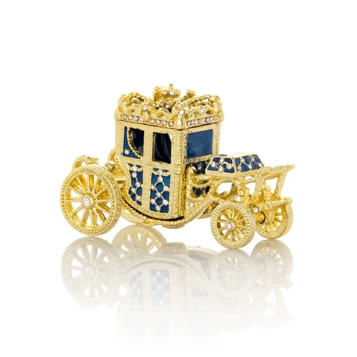 MCR626B Fabergé Gouden blauwe koets – Luxe sieradendoosje – miniatuur