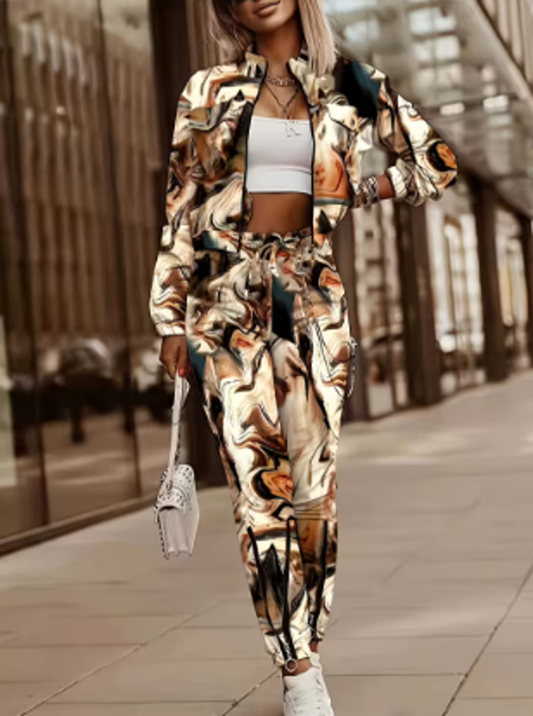 CV64785110 Modieuze Dames Casual Set met Print en Ritssluiting – Maten S t/m XXL