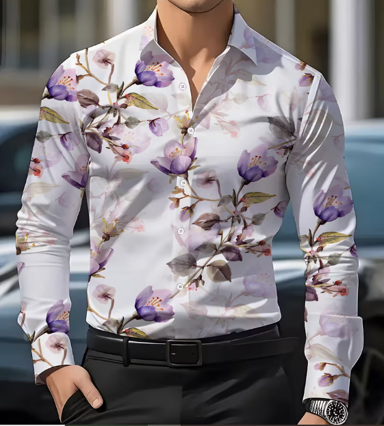 DN90328812 Herenoverhemd met Lange Mouwen – Bloemenprint in Romantisch Landschap (Paars/Wit) – Maat S