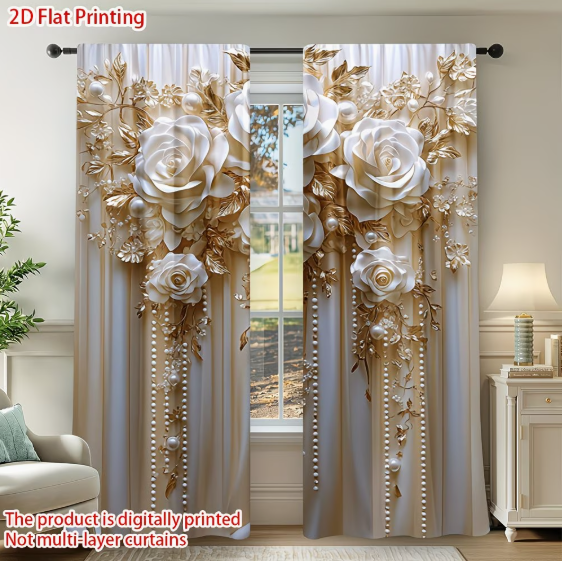 MEV7333686 2D Plat Bedrukte Gordijnen met Elegante Bloemen – Set van 2 Semi-Blackout Gordijnen –  Maat Breedte 132 CM – Lengte 240 cm