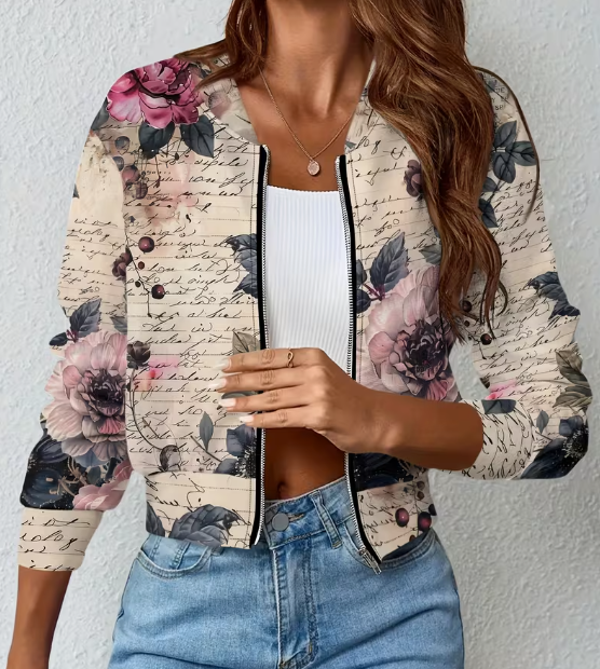 TH49683709 Dames Casual Bloemenprint Stijlvolle Jas met Rits - Maten S t/m XXL